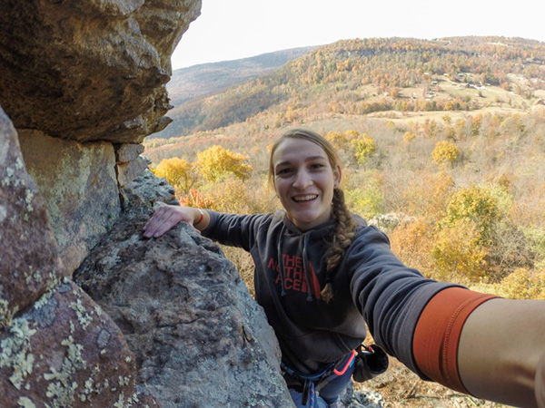 Carlson takes a “selfie” while climbing a route called “Swamp Rat” at Horseshoe Canyon Ranch in Jasper, Arkansas.