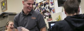 Nick McGraw (center), current president of the Student Union Board (SUB), has a laugh with some fellow students in the SUB office.