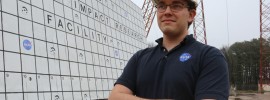 Doctoral student Paul Friz worked with NASA last fall in California and is working with the space agency again this year in Langley, Virginia. Here he’s at the Langley gantry, where crash tests are conducted on spacecraft, aircraft and helicopters.